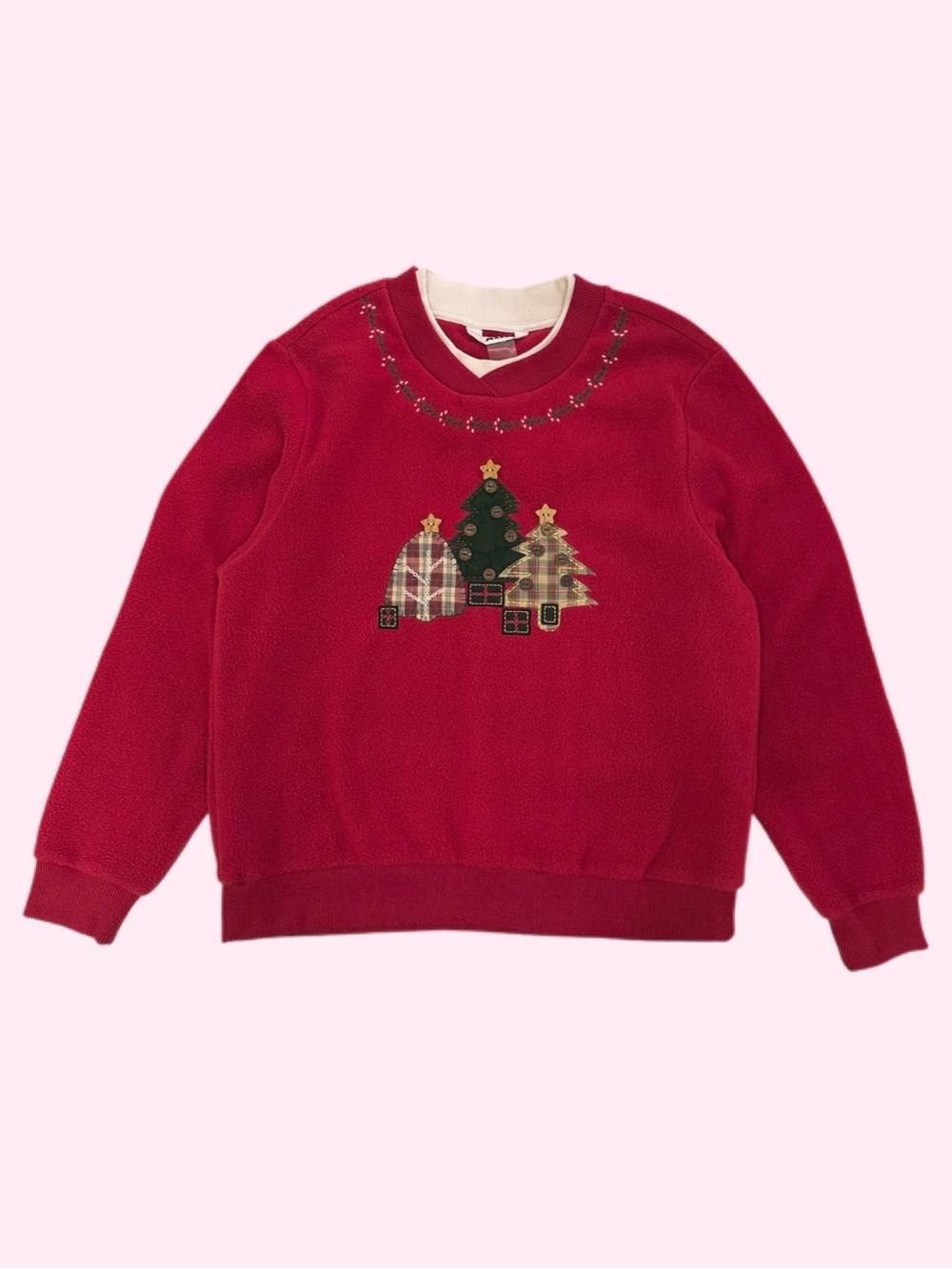 Vintage 90s 00s Alia Christmas Fleece Double Crewneck Cottagecore Red Medium
